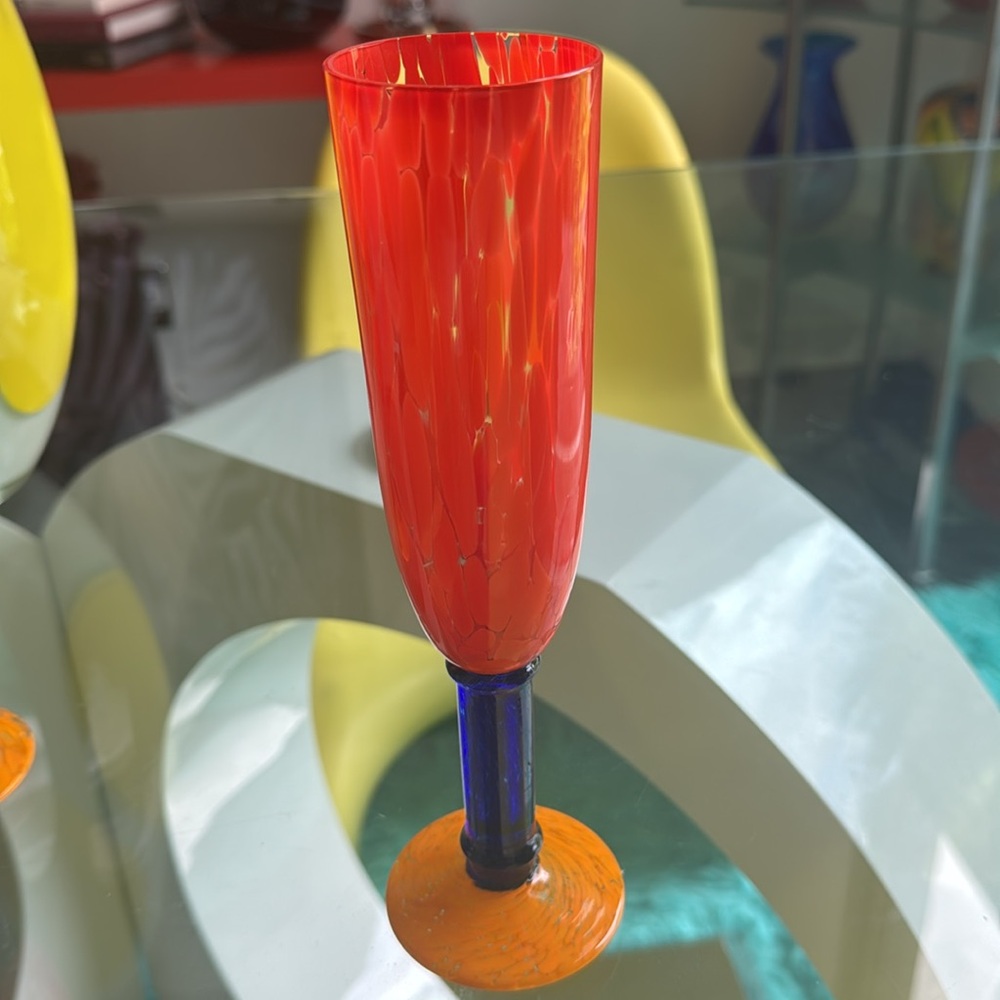 Set MURANO Style Art Glass Champagne Flutes Glasses Orange Cobalt Blue - Picture 2 of 10